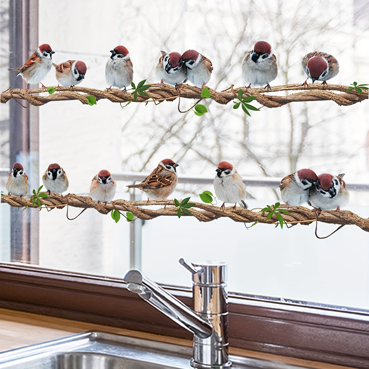 Contemporary Bird on Branch Window Cling Reusable Static Decal for Bedroom Living Room Kitchen