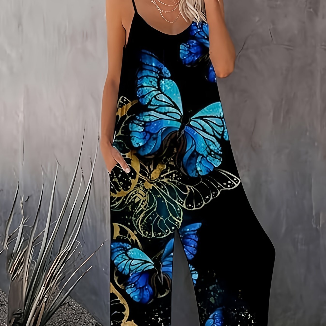 Plus Size Butterfly Print Wide Leg Jumpsuit Casual Sleeveless Romper