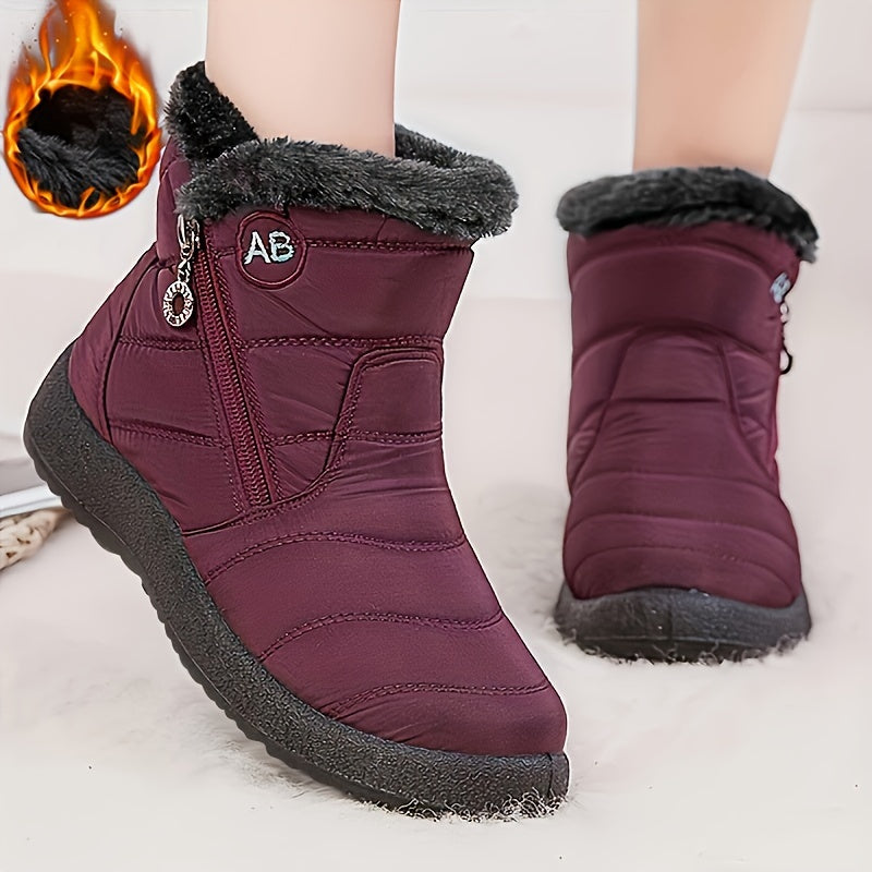 Women's Winter Ankle Boots Fleece Lined Zipper Closure Burgundy Fabric