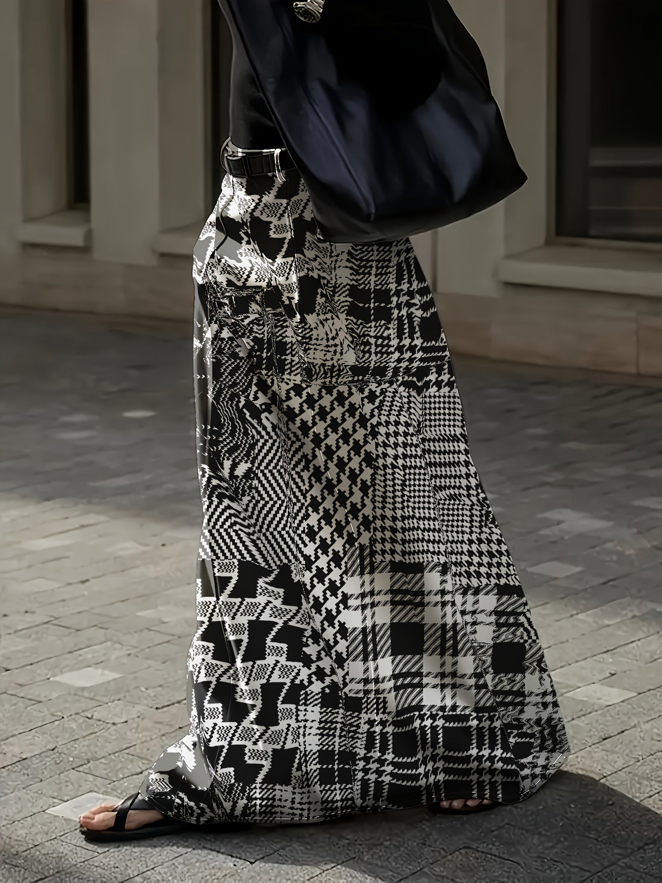 Women Houndstooth Maxi Skirt Stretchy Fabric Elastic Waist Casual Fall