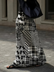 Falda larga de pata de gallo para mujer con tela elástica y cintura elástica, casual para otoño