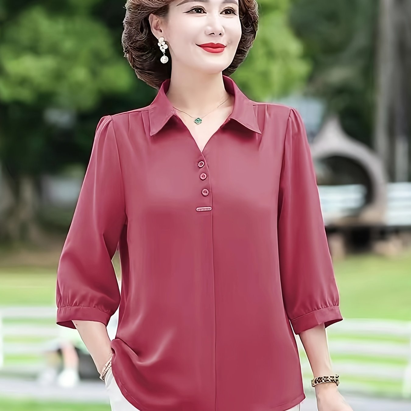 Women's Purple Chiffon Blouse with 3/4 Sleeves, Slim Fit, Decorative Buttons