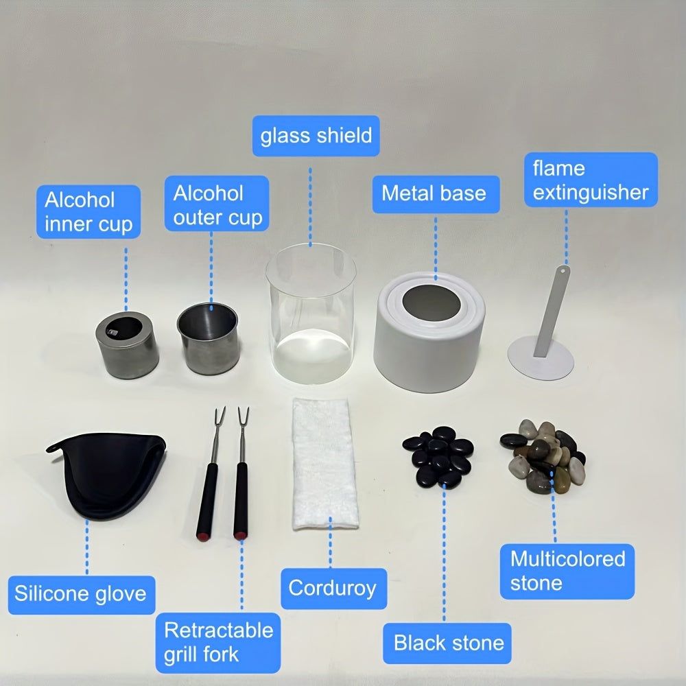 Portable Round Fireplace for Dining Table with Black and Color Stones, Includes Roasting Forks and Silicone Glove
