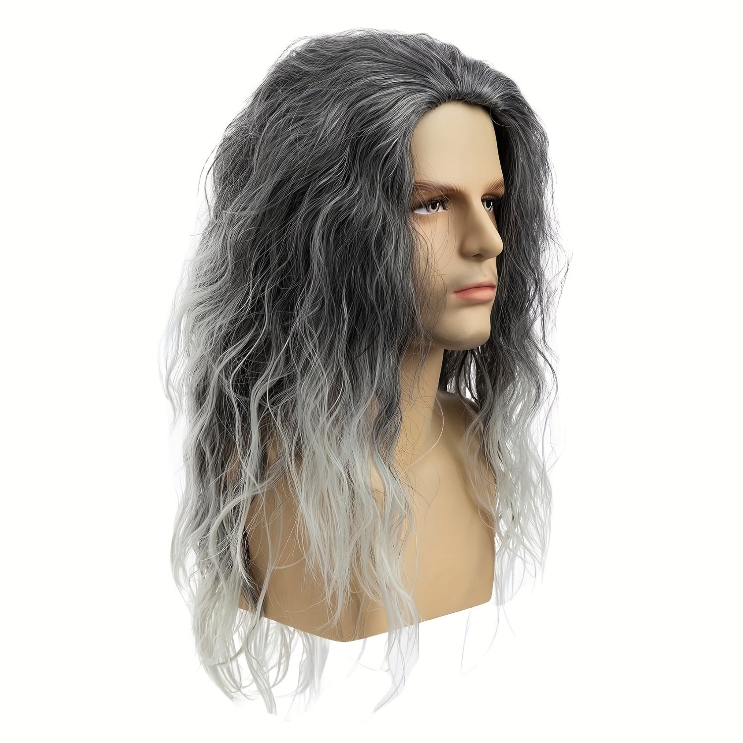 Men's Grey and Black Wavy Halloween Cosplay Wig No Bangs Synthetic Headgear