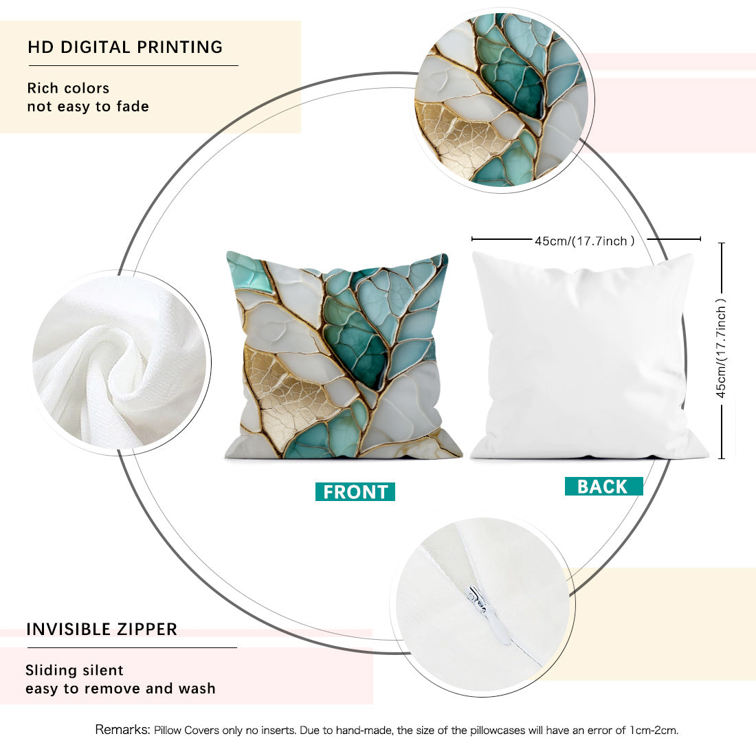 Набор из 4 наволочек на подушку с узором из бирюзовых листьев, 45x45 см, бархатная ткань, застежка-молния