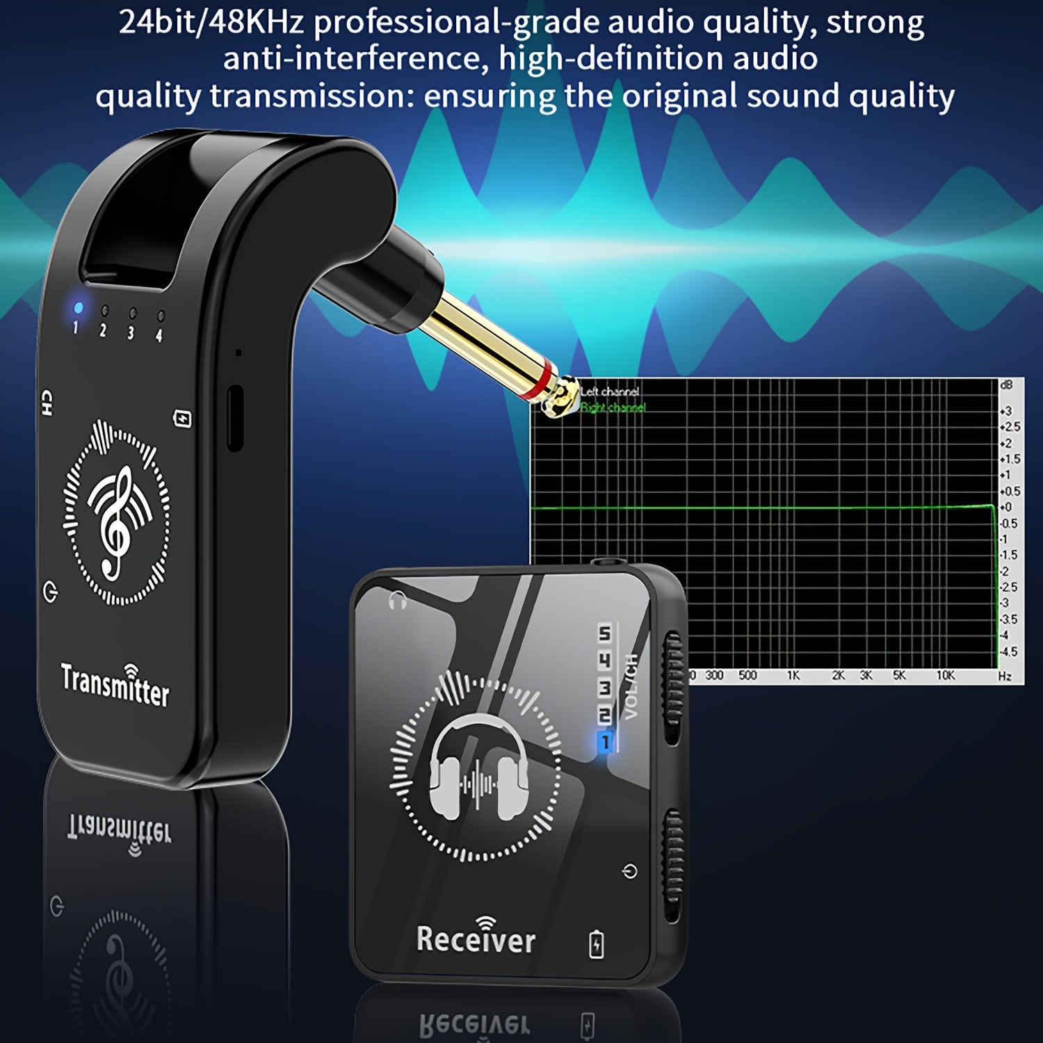 Sahna va guruh ishlatish uchun professional simsiz quloqchin tizimi, ABS materialidan tayyorlangan, yuqori aniqlikdagi audio, past kechikish va uzatkich va qabul qiluvchi uchun uzoq batareya umriga ega.