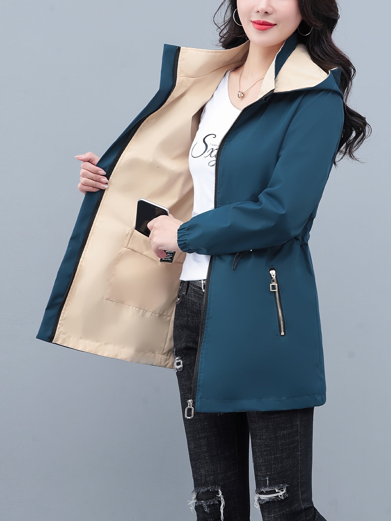 Women's Polyester Long Sleeve Hooded Windbreaker Jacket with Drawstring Waist for Spring and Fall