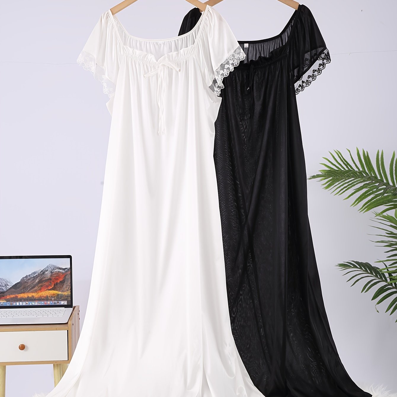 Women's Satin Sleep Dresses with Lace Trim Square Neck Short Sleeve Nightgowns in Red and Black Polyester Blend