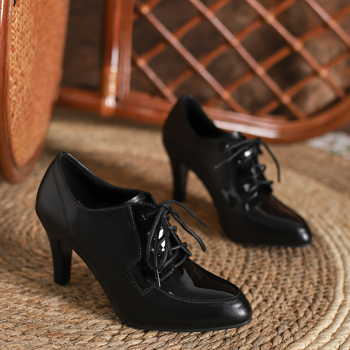 Women's Faux Leather Ankle Boots with Pointed Toe Lace-Up Heels
