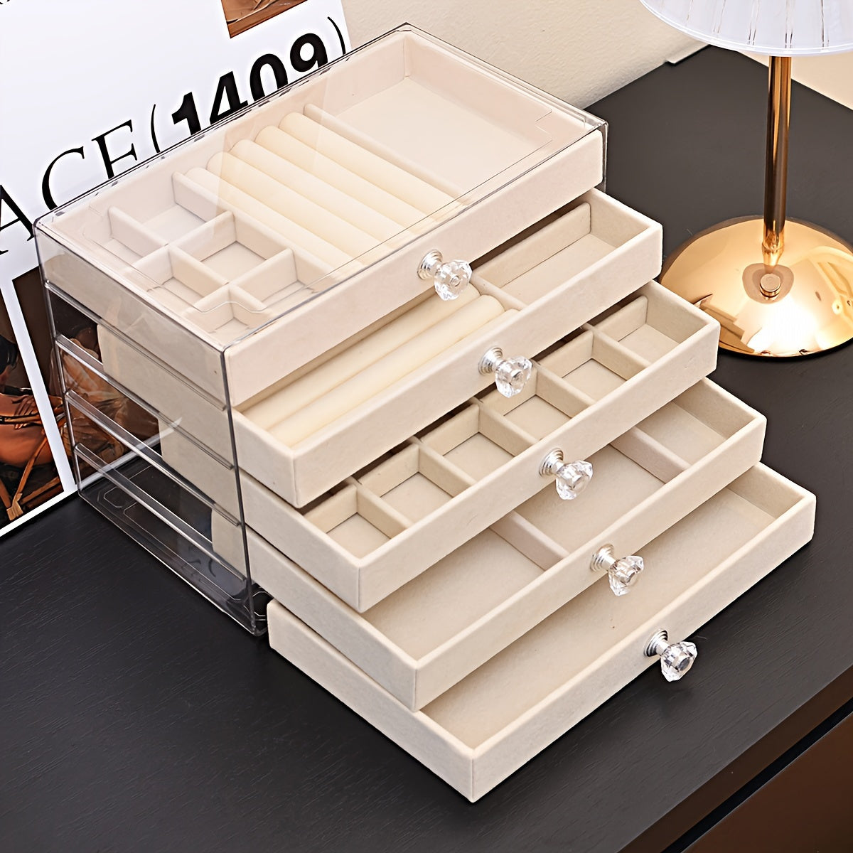 Velvet Jewelry Organizer with 5 Tiers Drawer Storage for Rings Earrings Necklaces and Bracelets