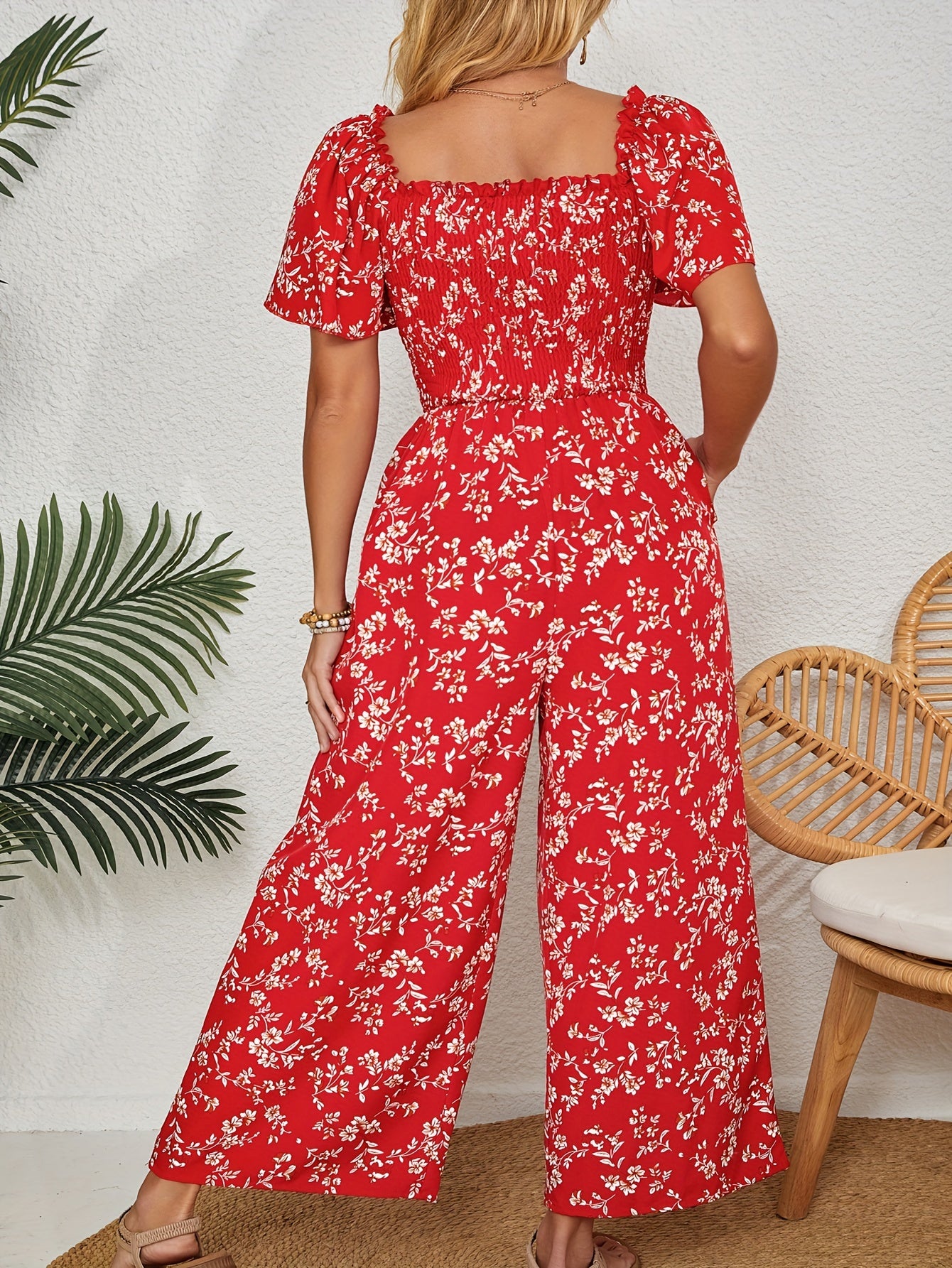 Women's Plus Size Floral Print Shirred Short Sleeve Wide Leg Jumpsuit