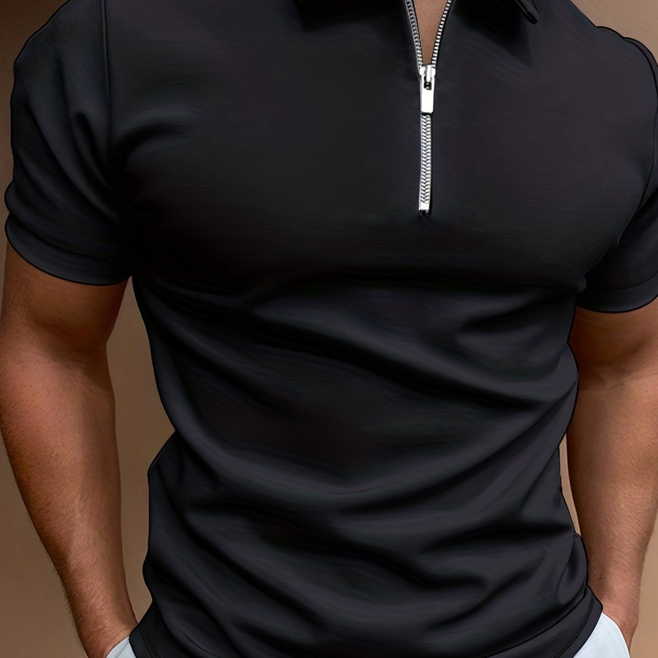 Men's White Short Sleeve Shirt with Zipper Collar Stretch Polyester Casual Golf Summer