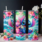 20oz zanglamaydigan po'latdan yasalgan chashka, Stitch va Angel personajlari bilan to'lqinli bosma, issiq va sovuq ichimliklar uchun
