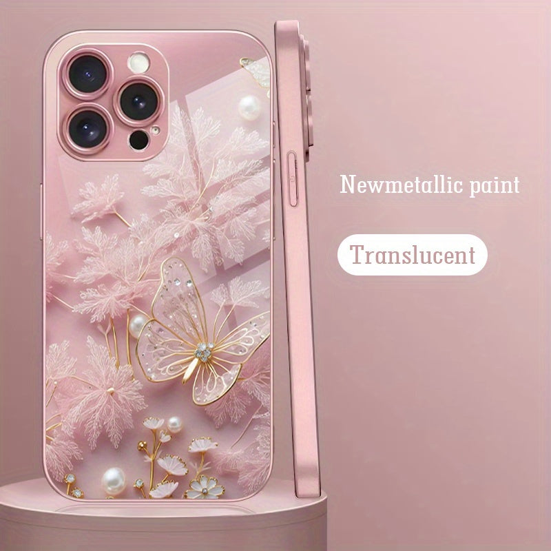 Pink Butterfly Pattern Tempered Glass Phone Case for iPhone 11 12 13 14 15 16 Series XR XS X 7 8 Plus