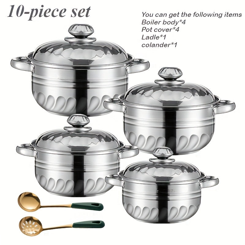 Stainless Steel Cookware Set 10 Pieces Pots Pans Lids Soup Ladle Kitchen Gift