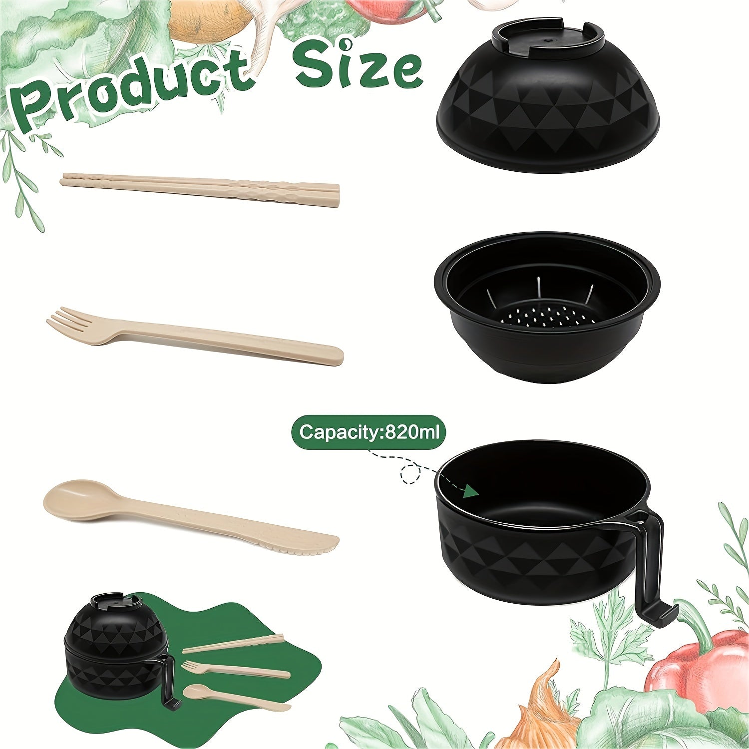 Набор для приготовления рамена, безопасный для микроволновки, с ручкой, 820 мл, включает ложку, палочки и вилку