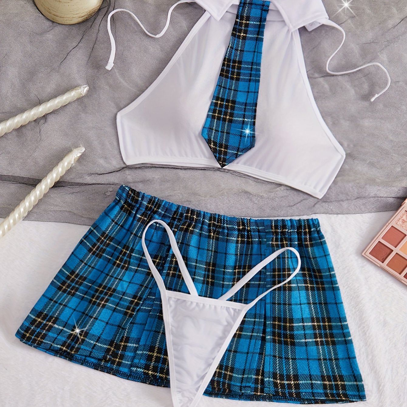 "Yubka, yenglar, forma, ichki kiyim to'plami, yengsiz yuqori, bo'yin bog'ichi, thong va yubka - 4 dona, ayollarning rol o'ynash uchun ichki kiyimlari"