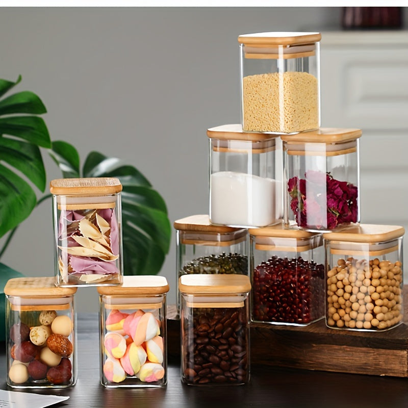 10-Piece Square Glass Spice Jars Set with Airtight Bamboo Lids and Measuring Spoons