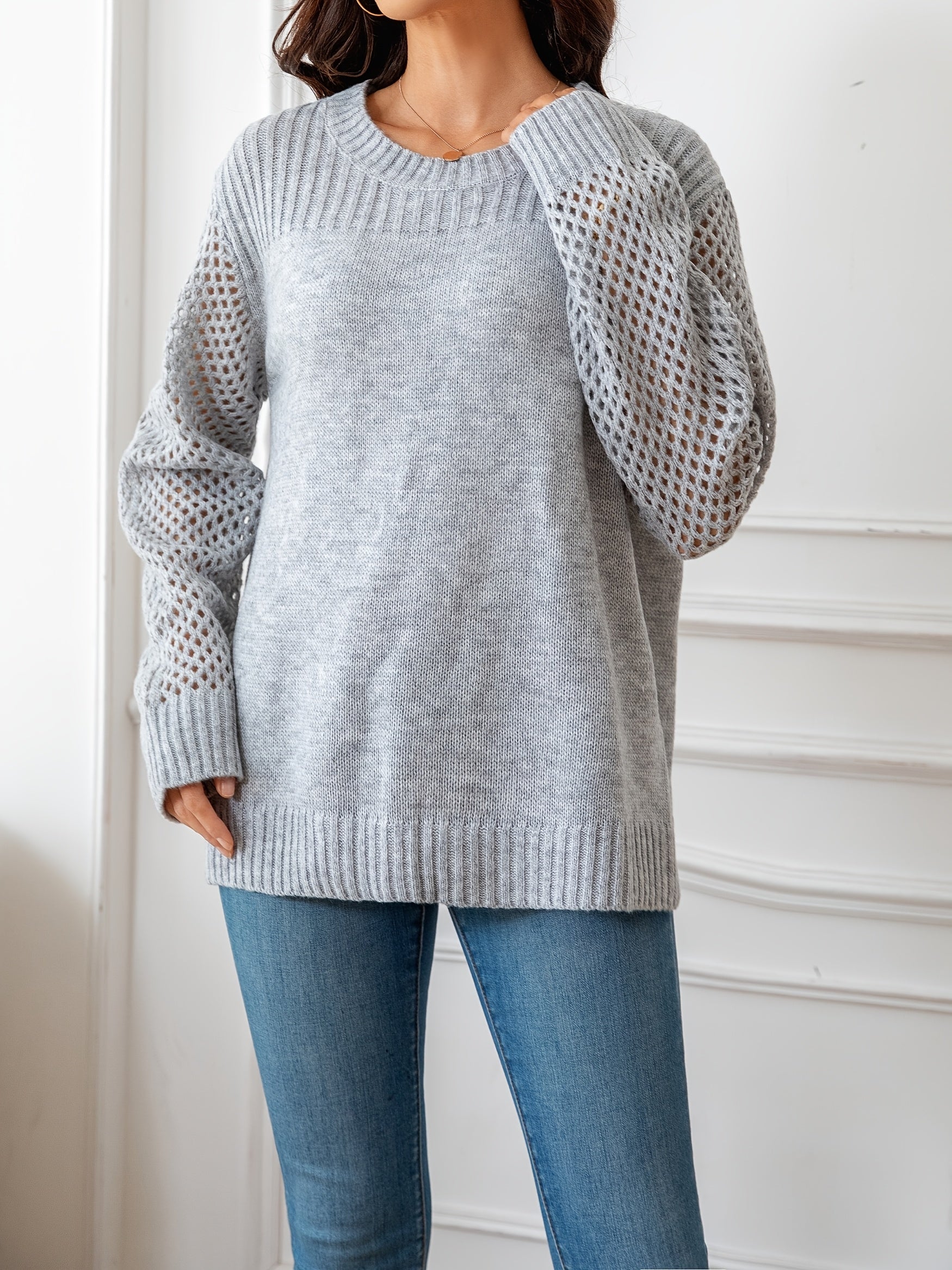 Plus Size Hollow Out Knitted Sweater Casual Long Sleeve Pullover Women