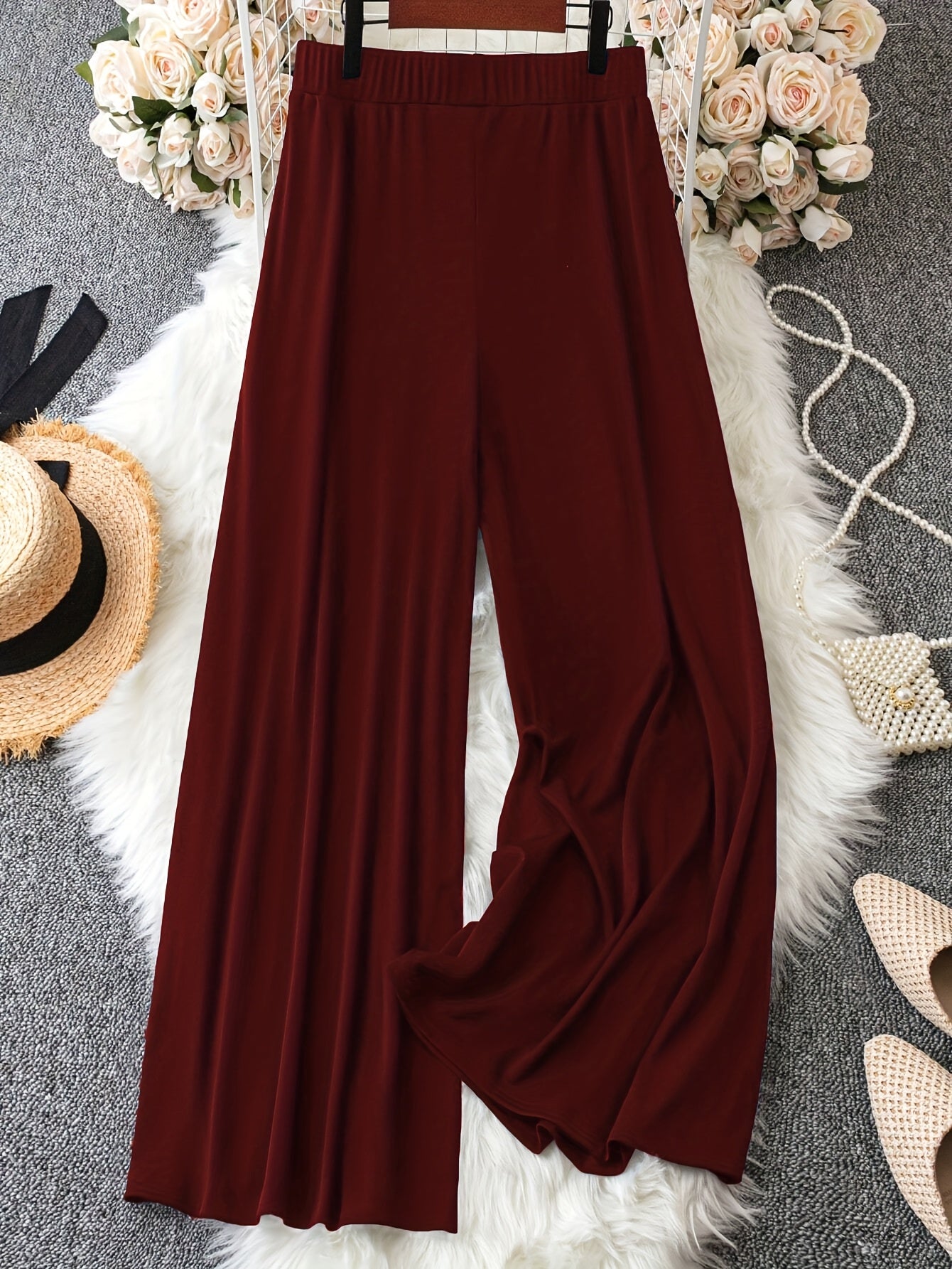 Women's Plus Size Wide-Leg Pants Elastic Waist Casual Trousers Burgundy Yellow