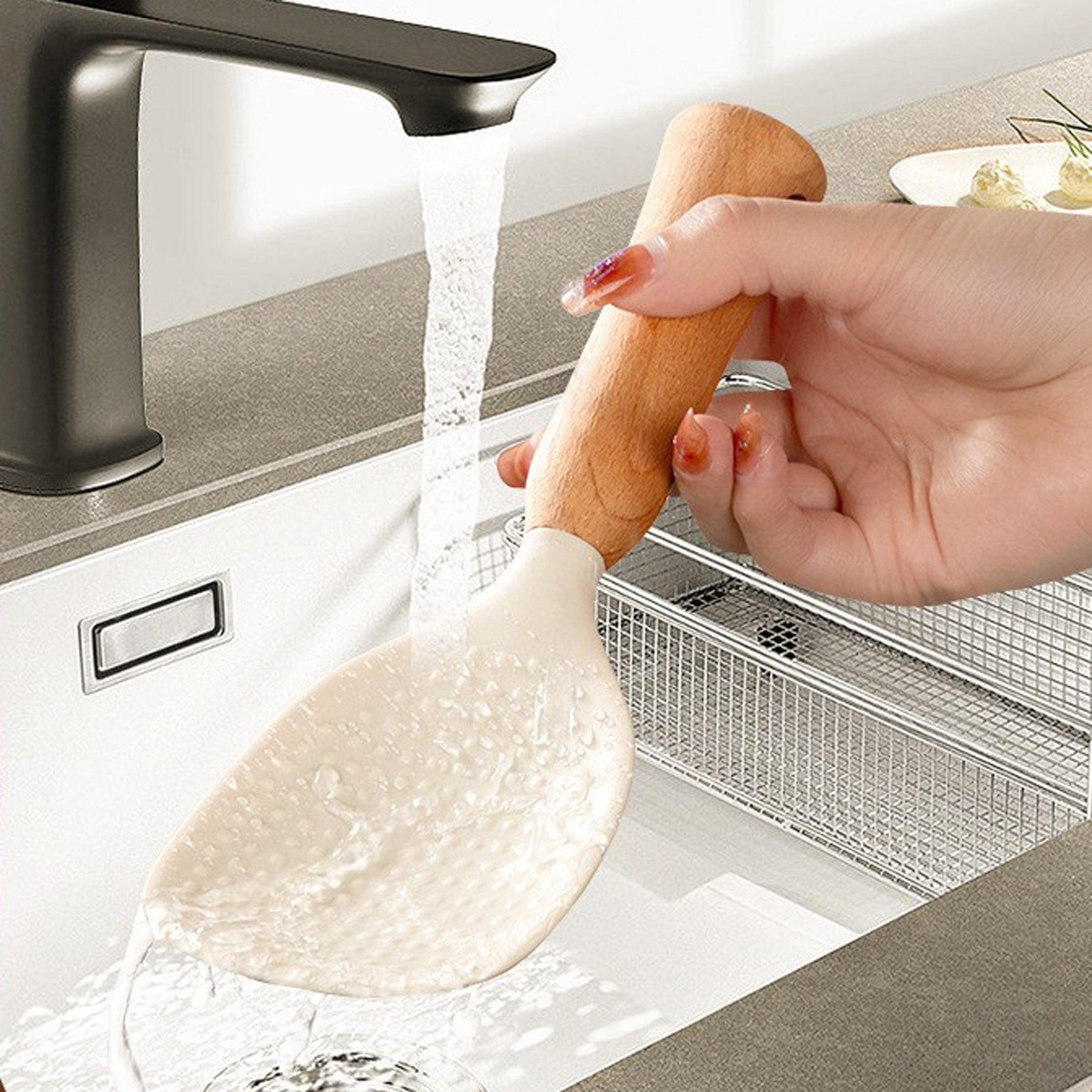 Cuchara de silicona para arroz con mango de madera, utensilio de cocina antiadherente, herramienta duradera para servir