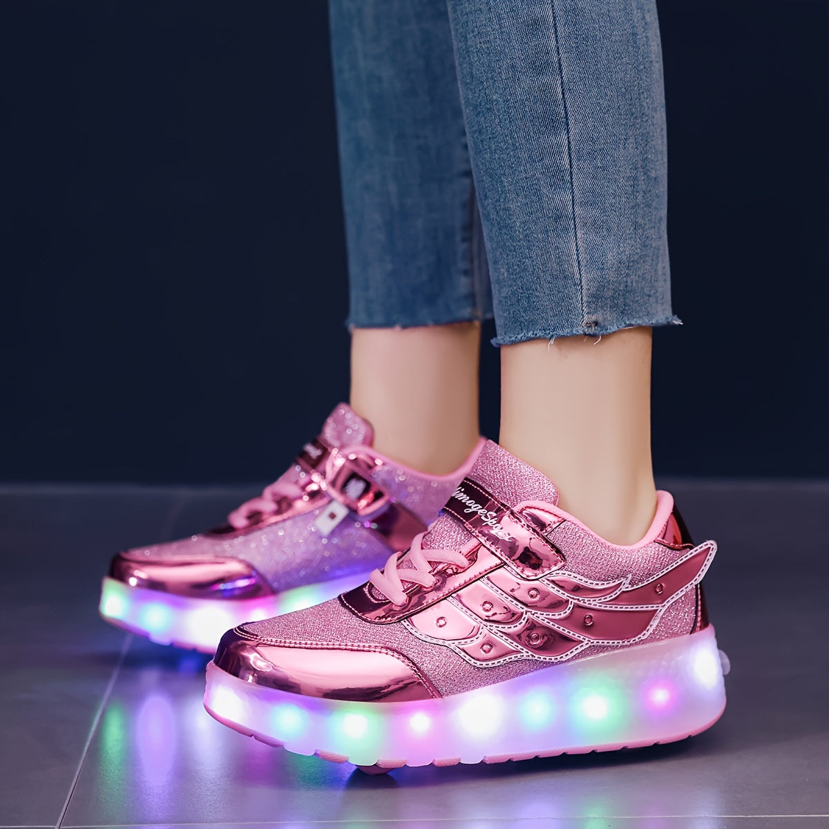 Pink Glitter LED Roller Skates for Girls and Boys with Mesh Upper and Sequins