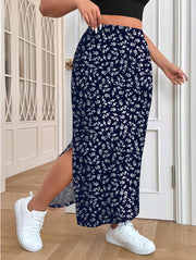 Women's Plus Size Elegant Floral A-Line Midi Skirt with High-Waisted Split Hem Navy Blue Ditsy Print