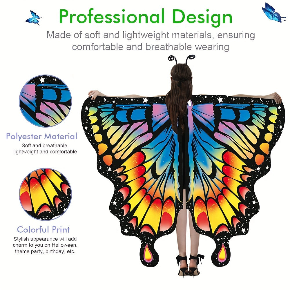 Chal de alas de mariposa para mujer, capa de hada, disfraz de Halloween, poliéster vibrante, spandex