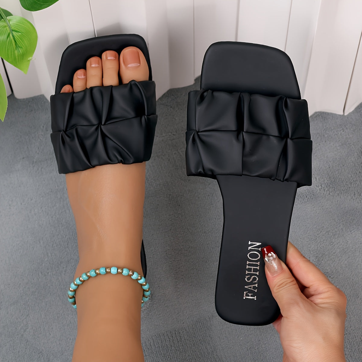 Women's Summer Elegant Slip-On Flats Beige Floral Open Toe Casual Sandals