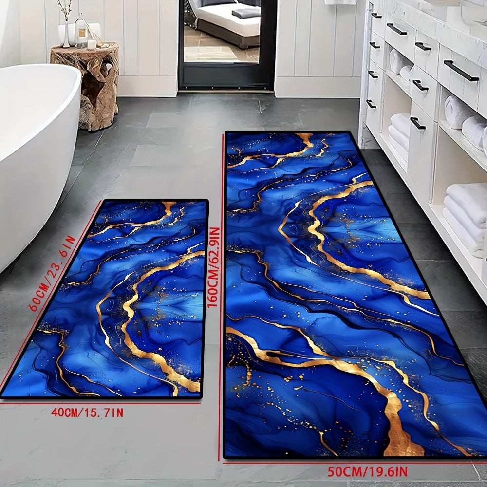 Blue and Gold Abstract Art Velvet Rug, Plush Anti-Skid Kitchen Mat