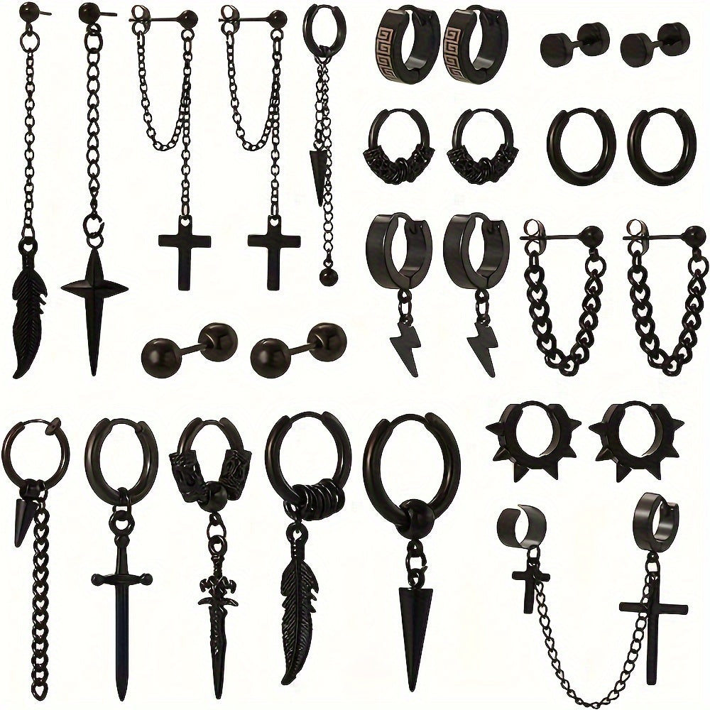 Set of 27 Stainless Steel Earrings for Men and Women Cross Feather Pendants Hoop Stud Jewelry