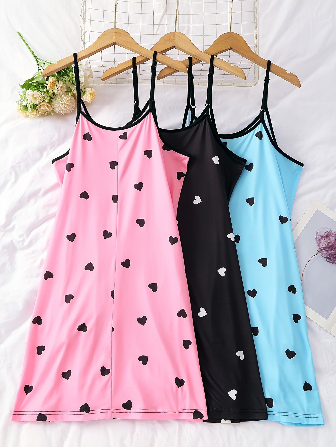 Plus Size Women's Heart Print Nightdress Set Three Piece Sleepwear