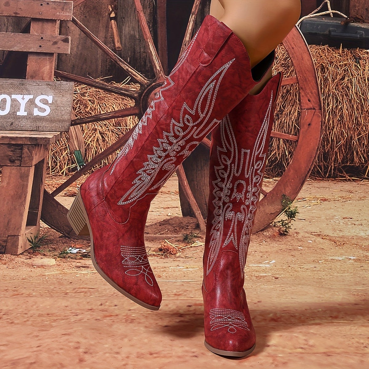 Women's Western Knee-High Boots Red Embroidery Slip-On Pointed Toe