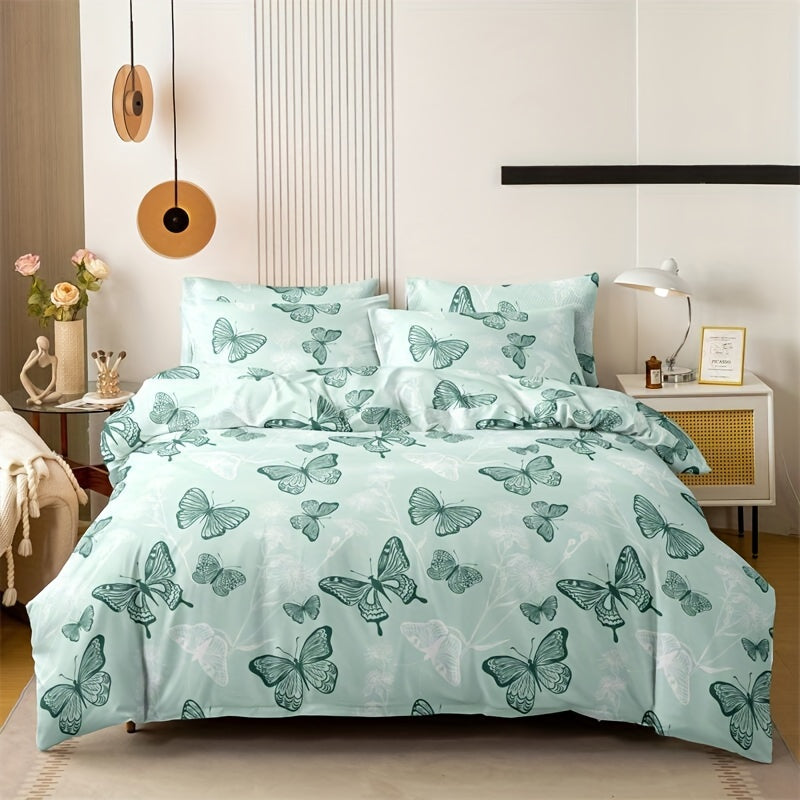 3-Piece Butterfly Print Duvet Cover Set Made of Soft Breathable Polyester All-Season Bedroom Decor