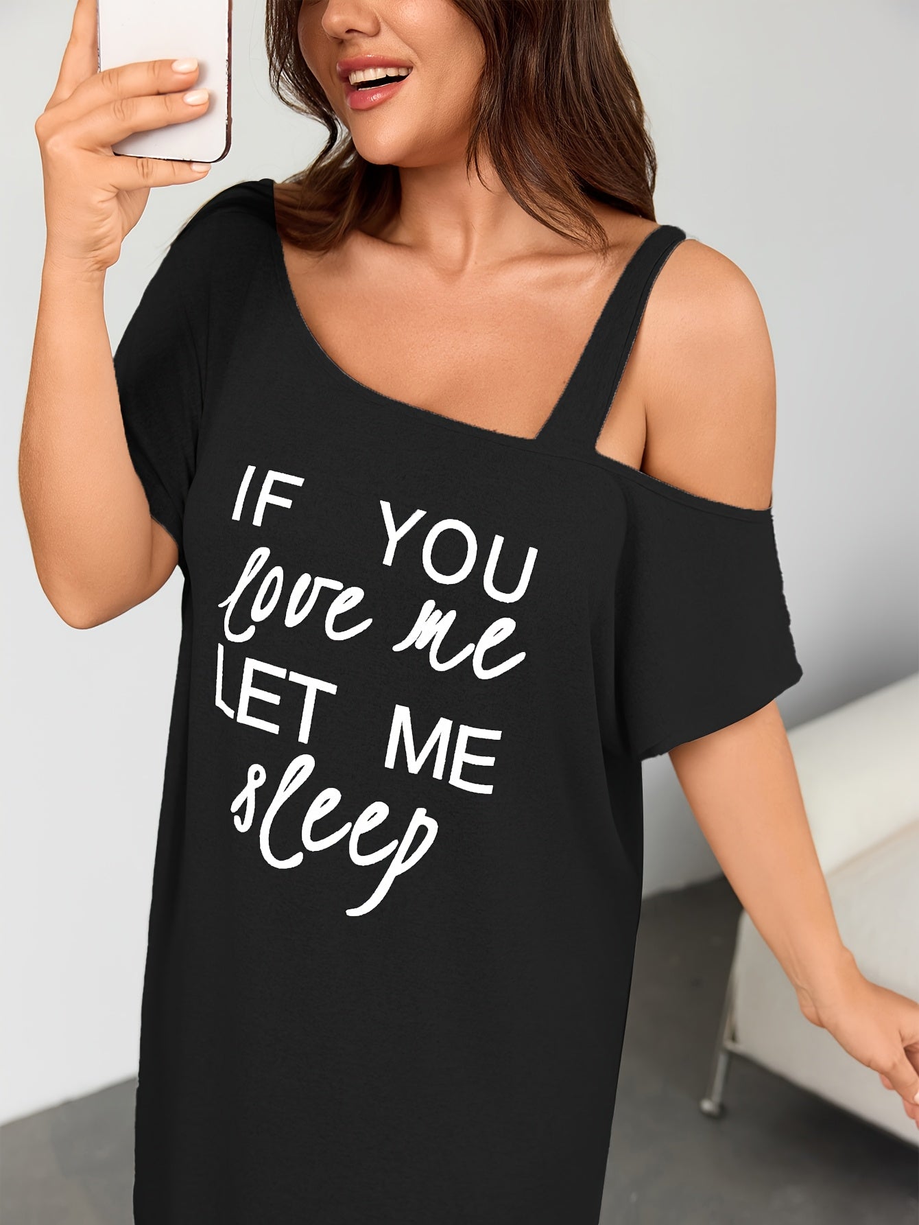 Plus Size Women's Sleep Dress Off-Shoulder Letter Print Gray Pajama Set