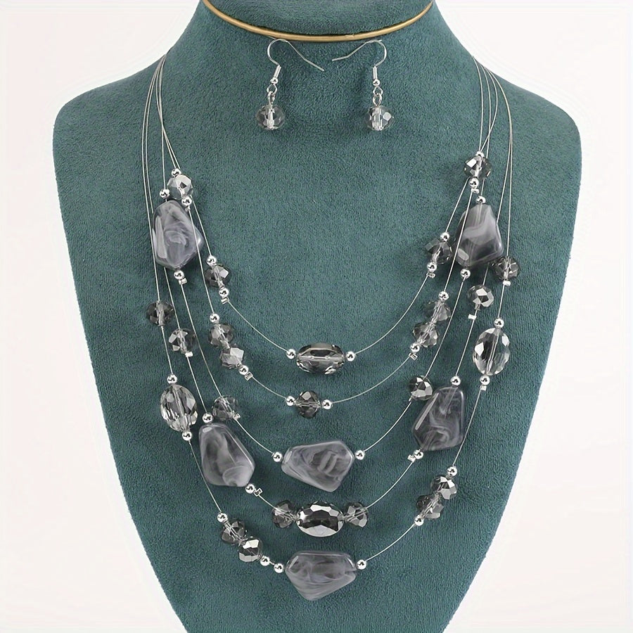 Boho Punk Jewelry Set Geometric Resin Beaded Necklace and Earrings for Women