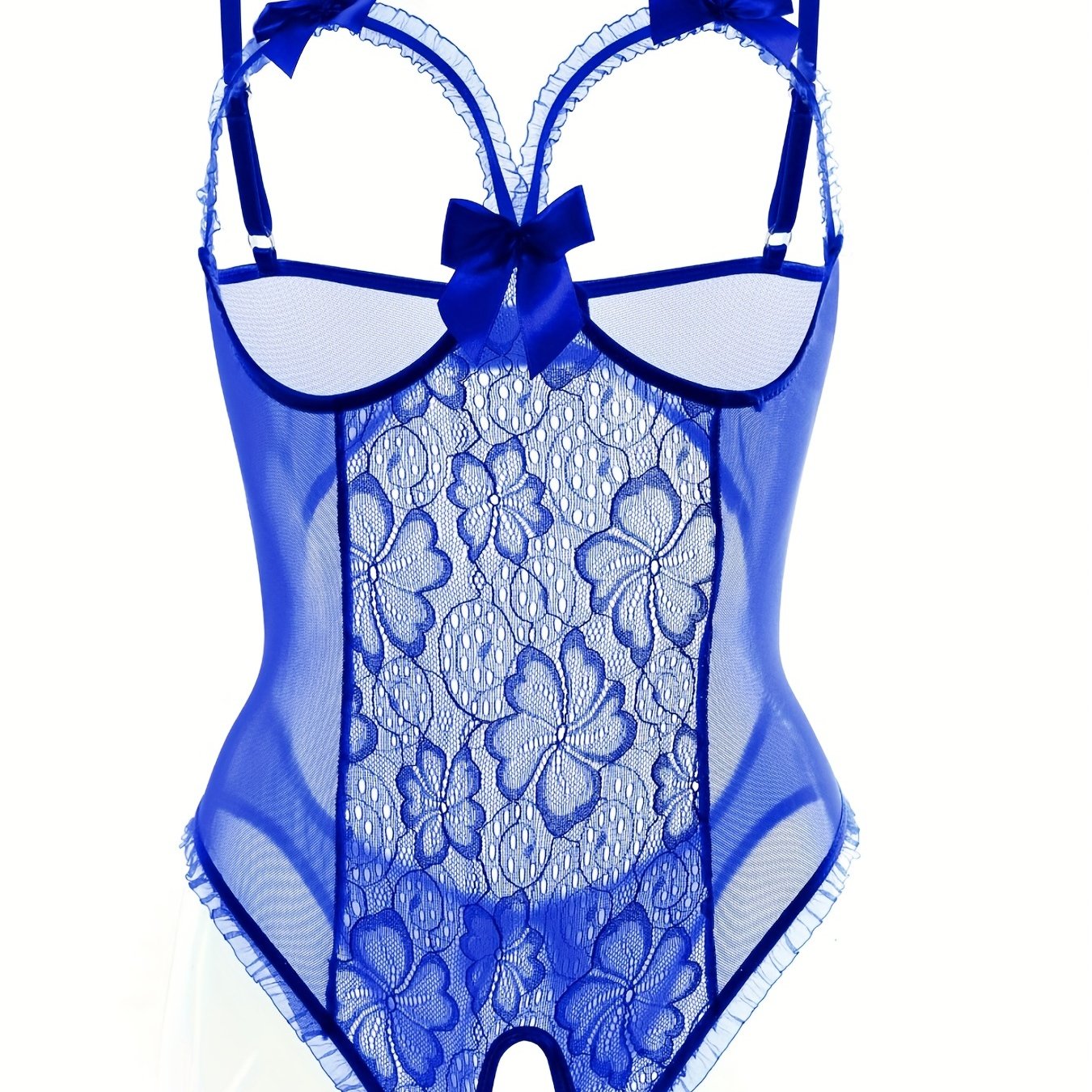 Gul naqshli dantel teddy, ochiq ko'krak va ochiq qorin bilan, ayollar uchun ruffle bodysuit ichki kiyim.