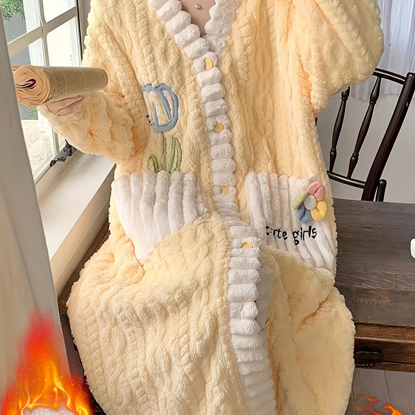 Women's Fleece-Lined V-Neck Sleep Robe with Pockets and Floral Pattern