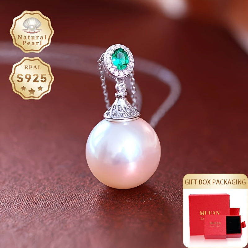 Silver Pendant Necklace with Natural Freshwater Pearl 13-14mm Jewelry Gift Box