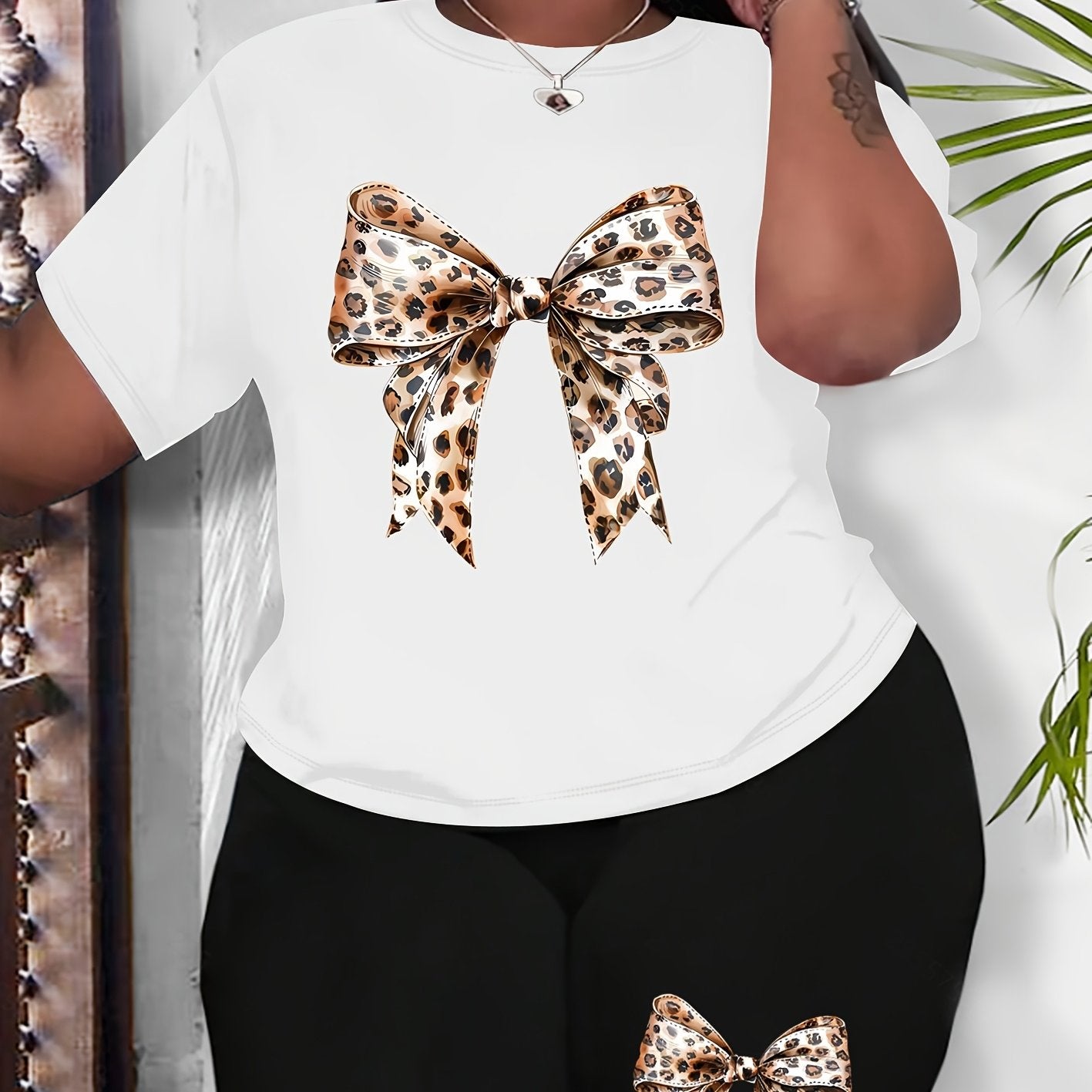 Plus Size Women's Leopard Print Bowknot Casual Sportswear Set