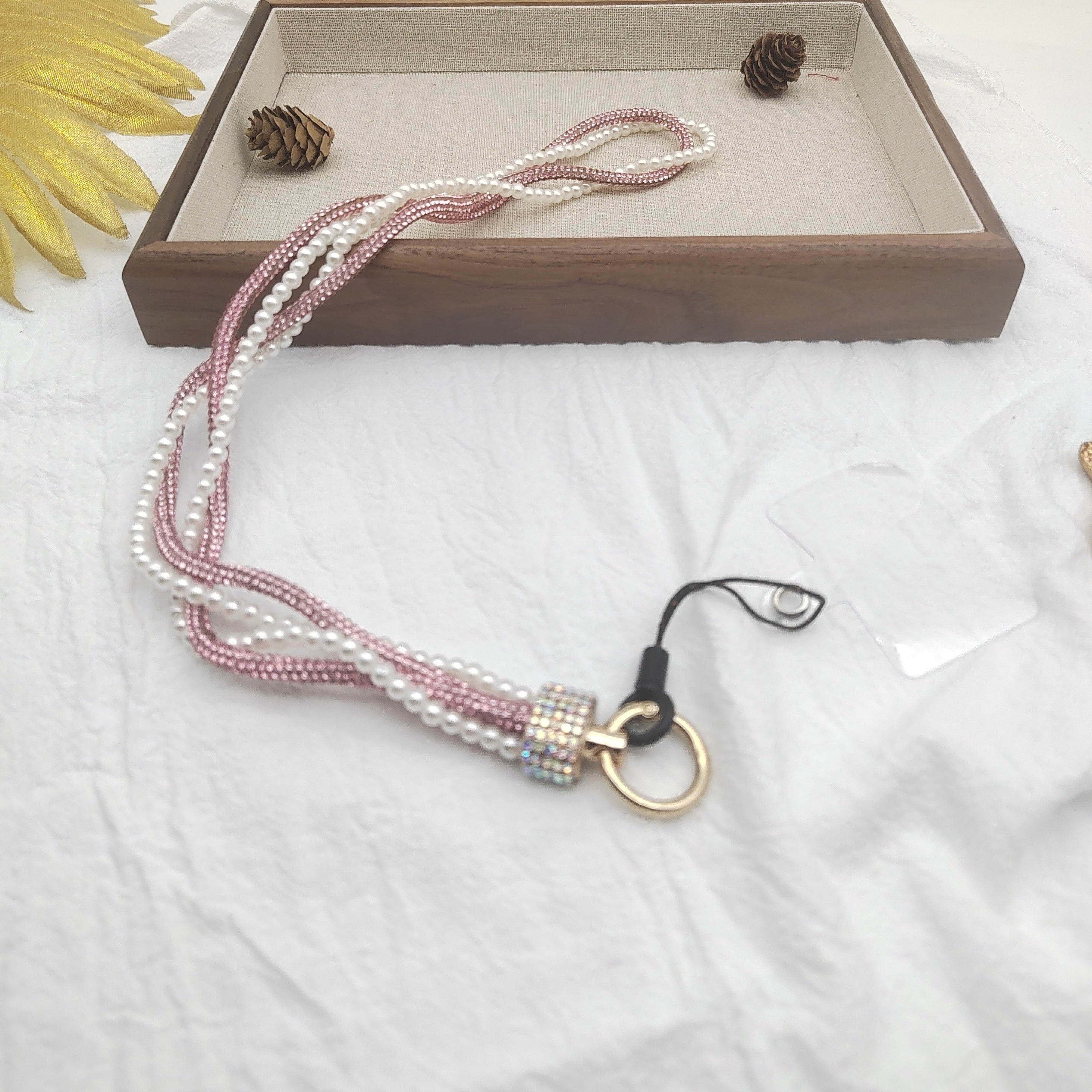 Pearl Rhinestone Long Lanyard PVC Phone Key Holder with Universal Attachment