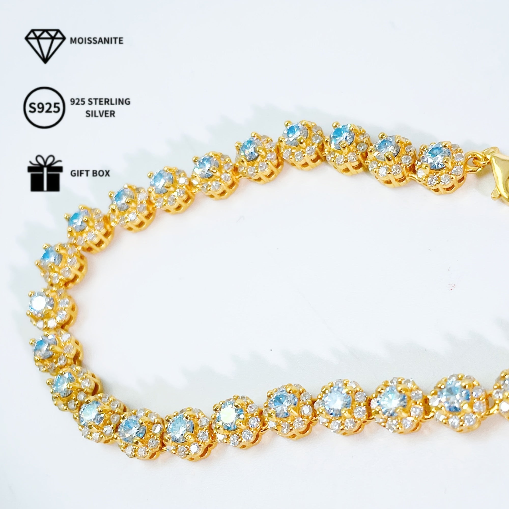 Sterling Silver Bracelet with Blue Moissanite 0.1 Carat for Engagement and Gift