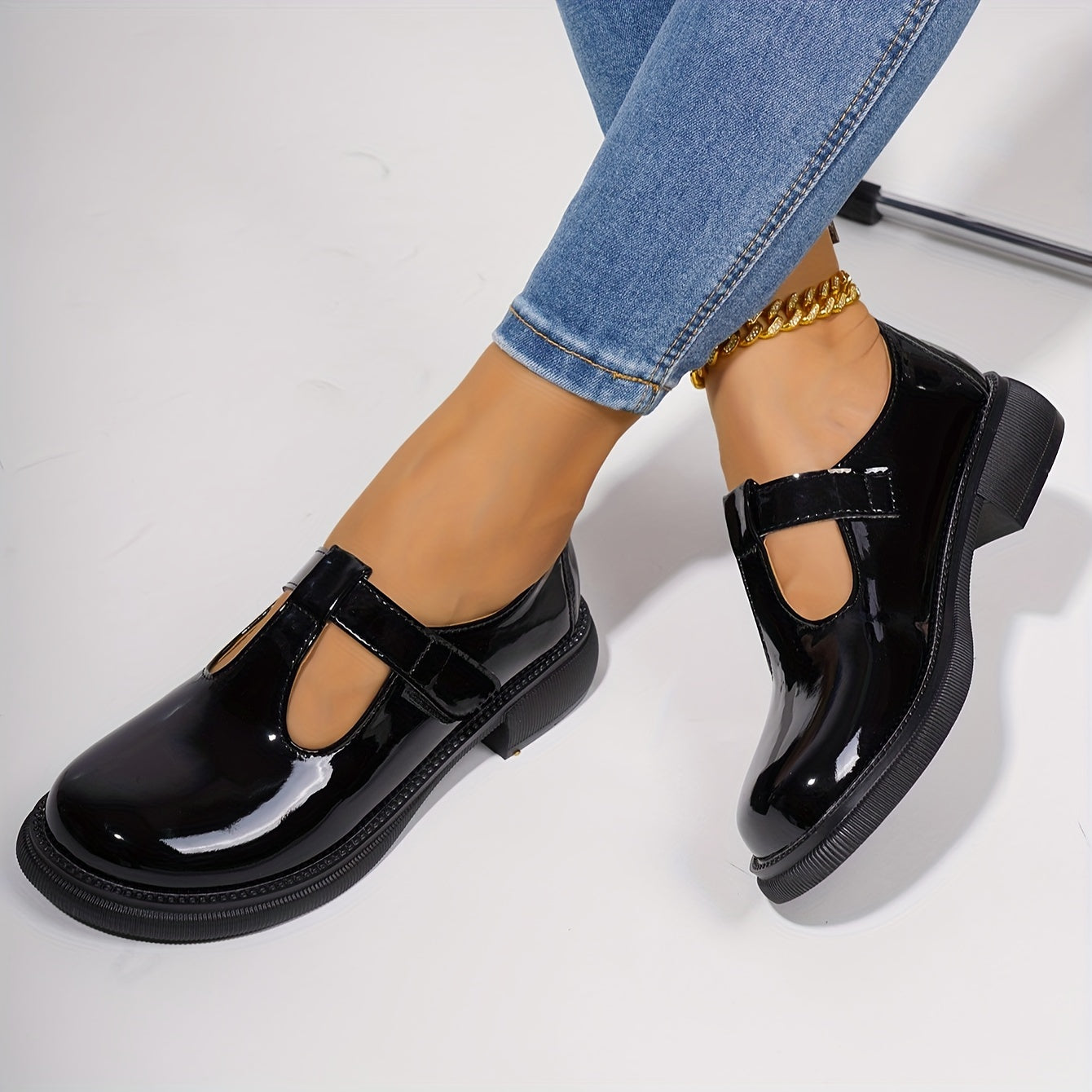 Women's Black Mary Jane Flats Leather Loafers with Round Toe and Rubber Sole