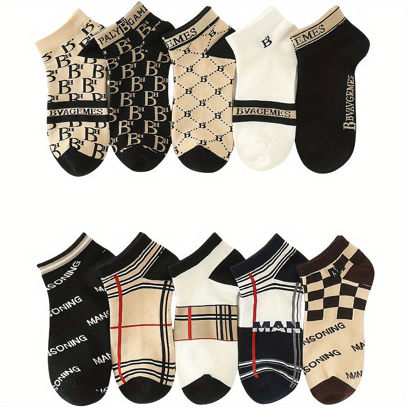 Men's Ankle Socks 10 Pairs Letter Pattern Breathable Polyester Blend Low-Cut
