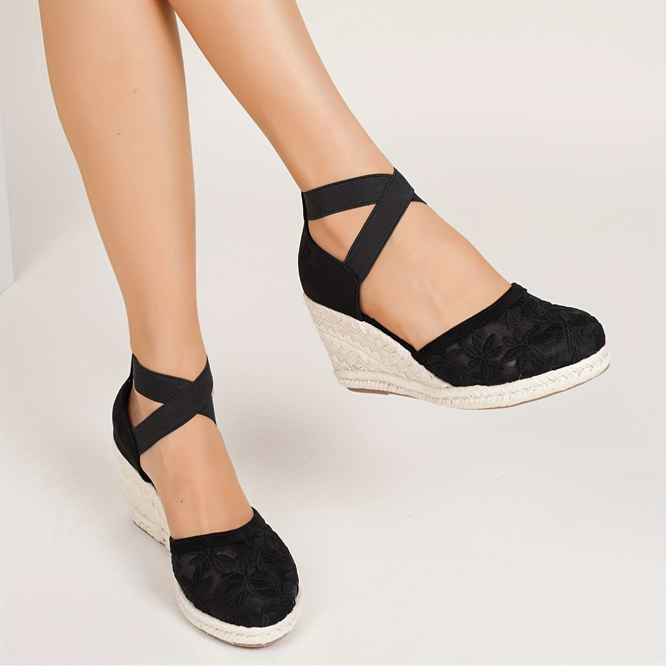 Women's Black High Heel Espadrille Pumps With Non-Slip Wedge and Ankle Straps