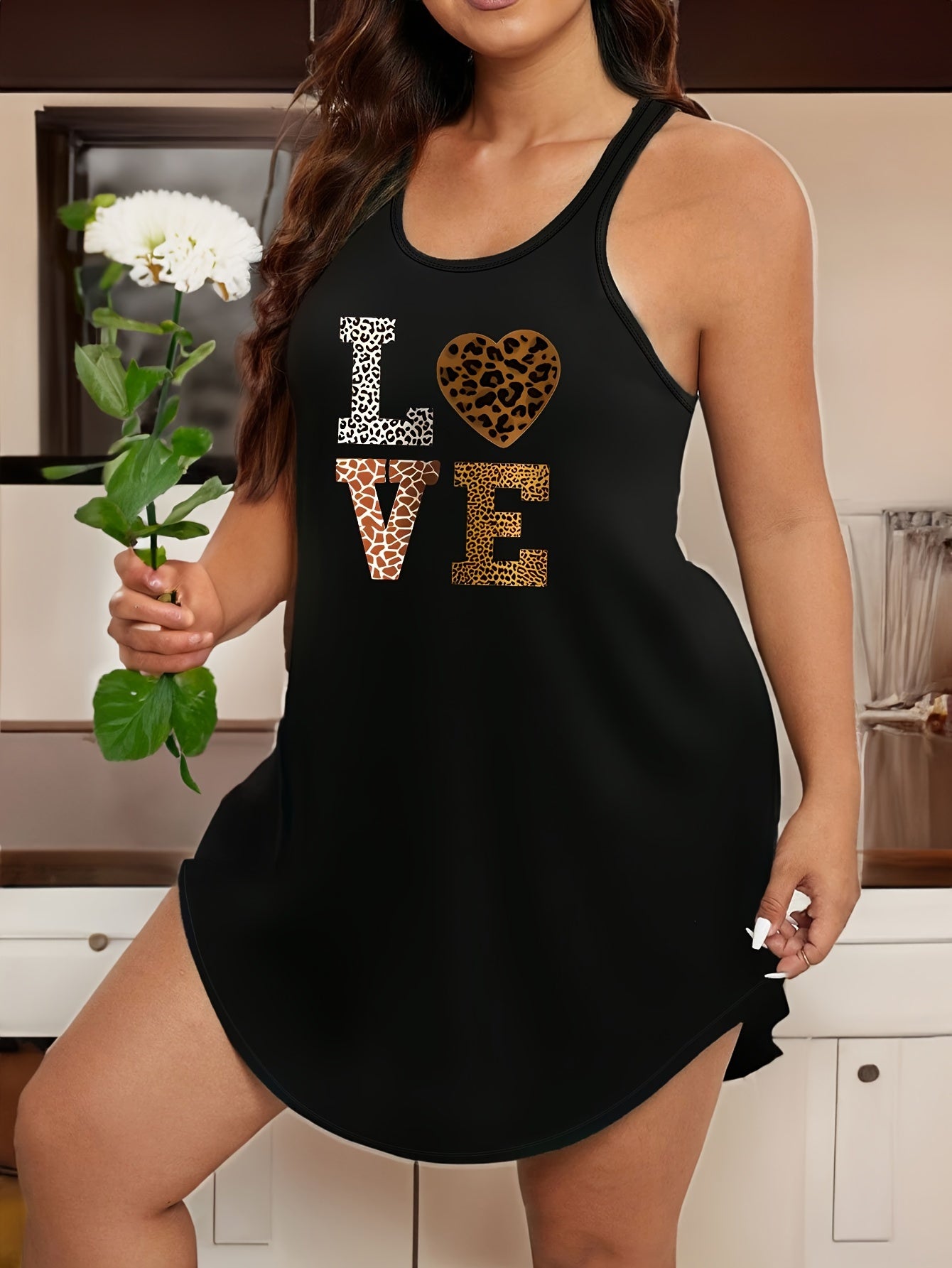 Women's Semi-Sheer Leopard Print Tank Dress with LOVE Lettering and Crew Neck