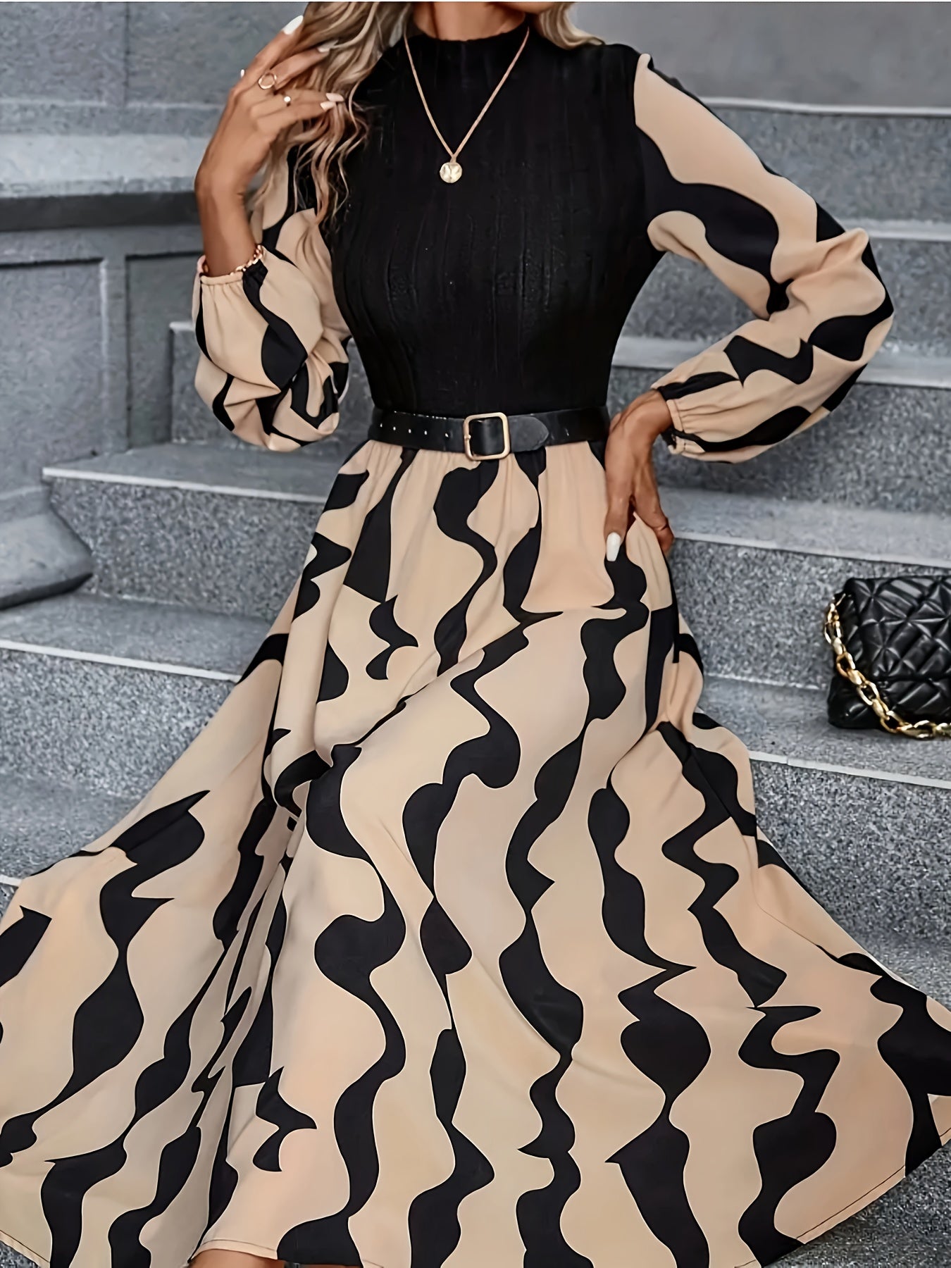 Women's Ribbed Printed A-Line Dress with Contrast Color Details for Fall Winter