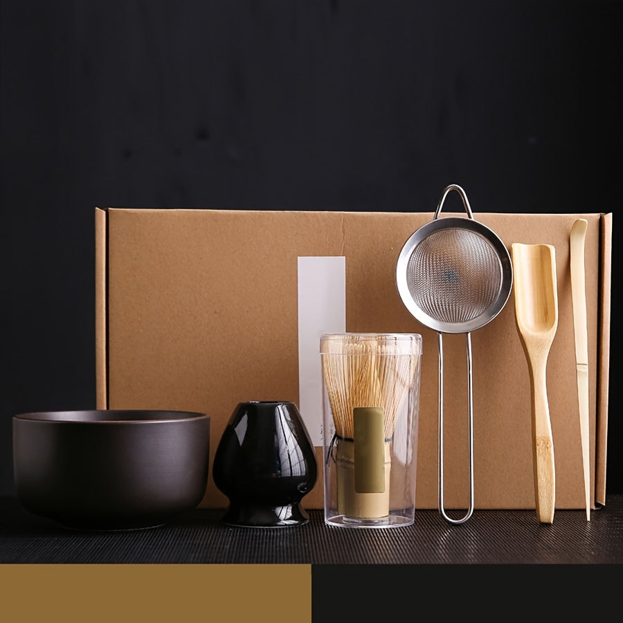 Set de ceremonia del té Matcha japonés con batidor de bambú, cuenco, cuchara, colador y soporte