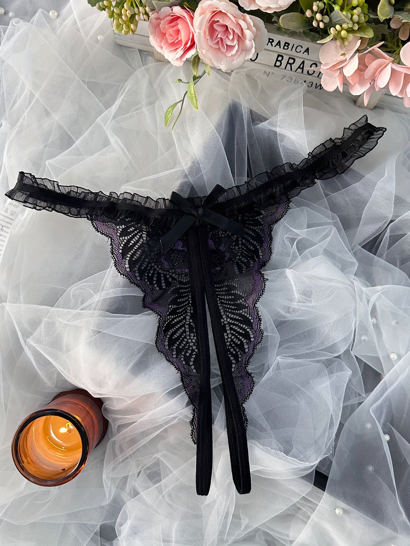 Women's Low Waist Lace Panties with Open Crotch and Charm Design