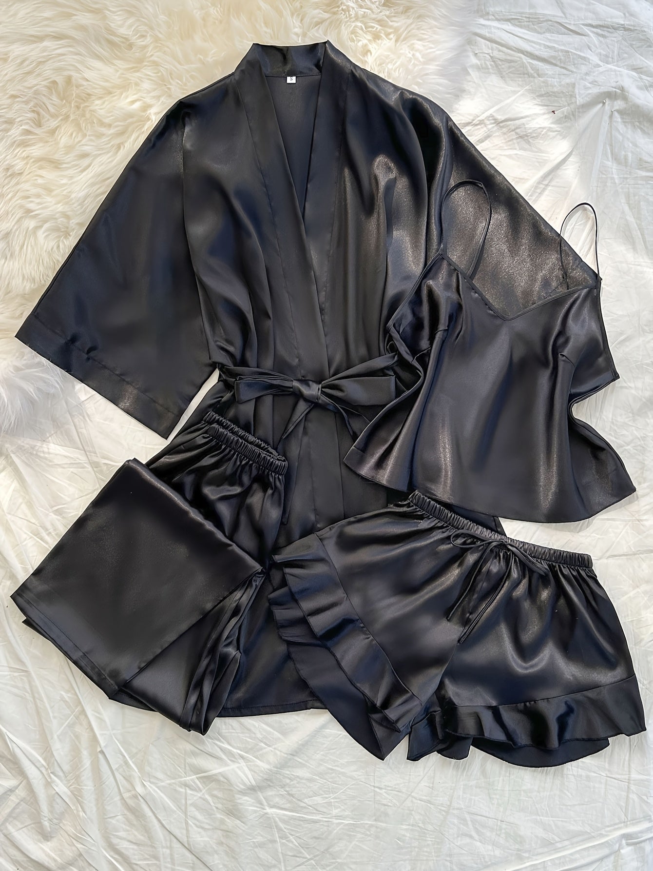 Women's V-Neck Sleepwear Set with Long Pants 4 Pieces Polyester Solid All-Season